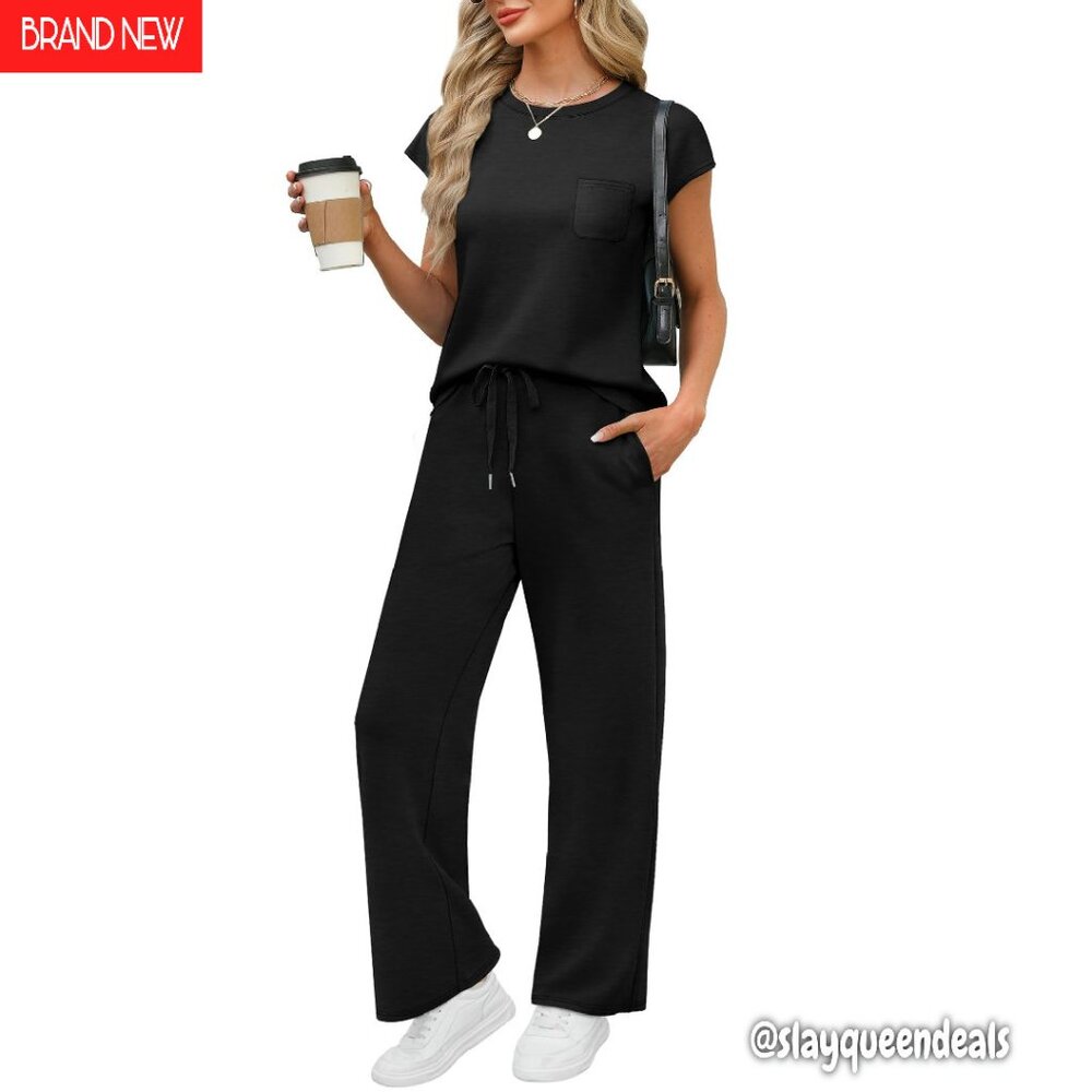 Women's 2-Piece Lounge Set Lightweight Stretch Fabric Cap Sleeve Wide Leg